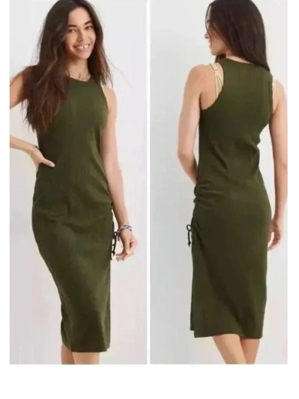 Aerie Ribbed Knit Ruched Sleeveless Pullover Sheath Midi Dress Olive Green Large